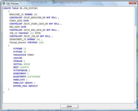 Example of DDL script in Preview Window